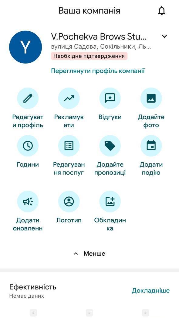 Кабінет Google Бізнес до відновлення: профіль V.Pochekva Brows Studio з позначкою «Необхідне підтвердження», у розділі «Ефективність» — «Немає даних»